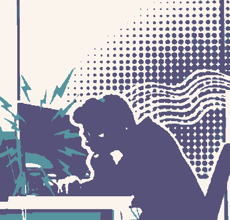 Pixel-art portrait of Himanshu Rai seated at a workstation, rendered in the site palette.